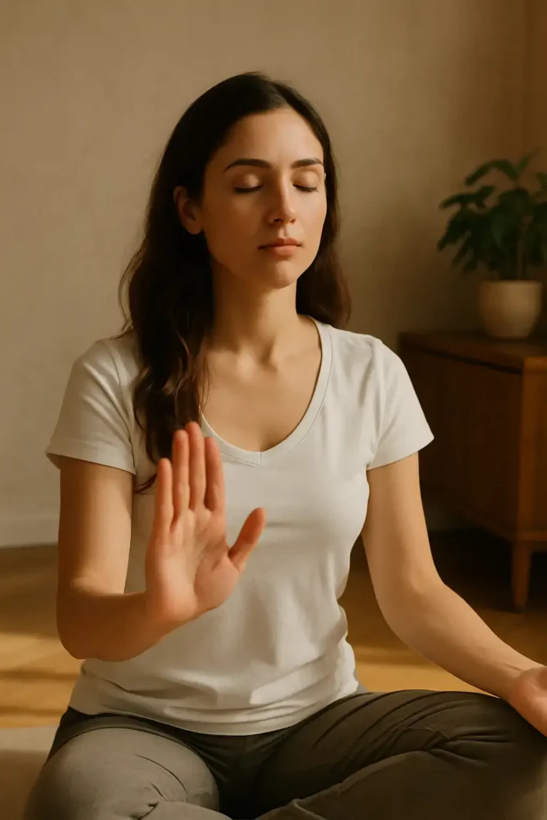 Femme assise avec la main droite en signe de stop