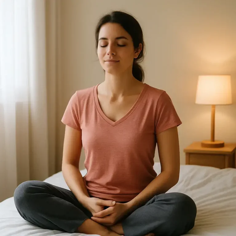 Femme en position de méditation, les yeux fermés sur son lit