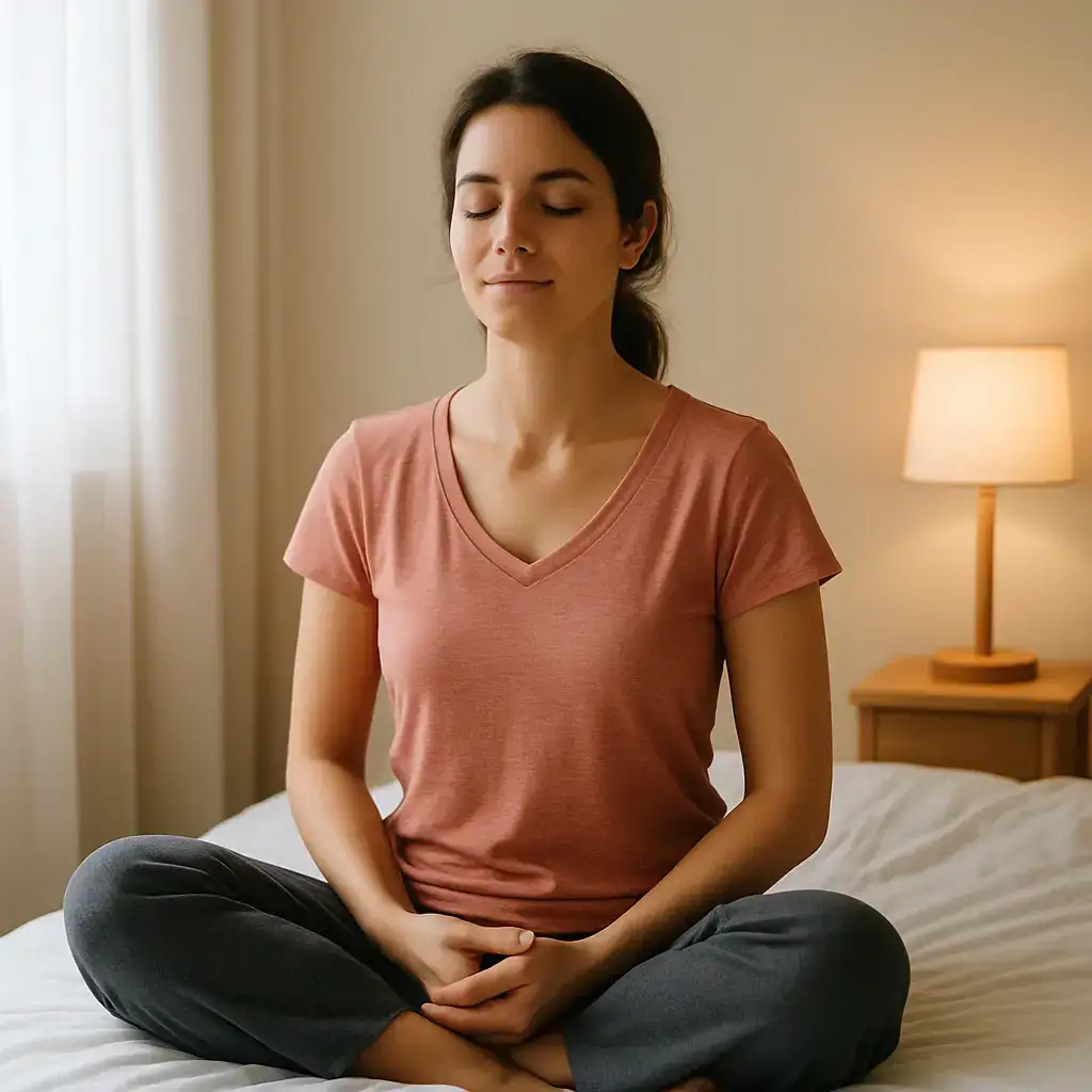 Femme en position de méditation, les yeux fermés sur son lit