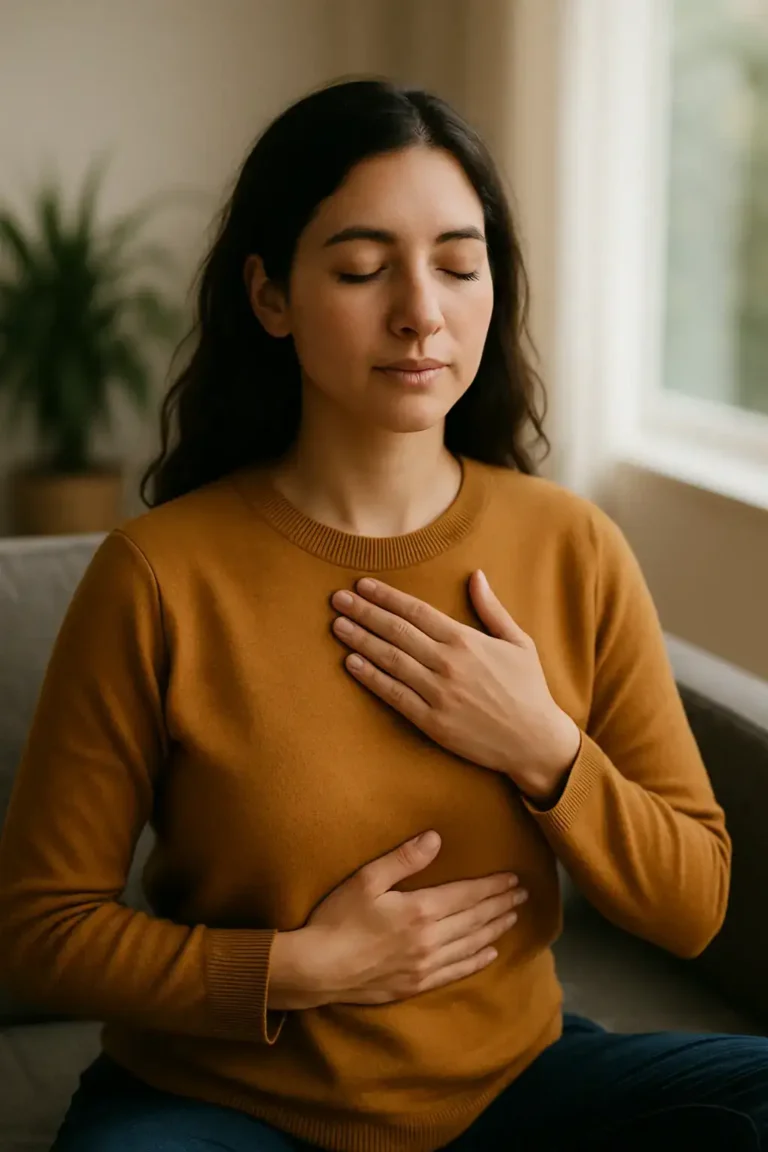 Femme assise sur un canapé, la main gauche sur le cœur et l'autre sur le ventre