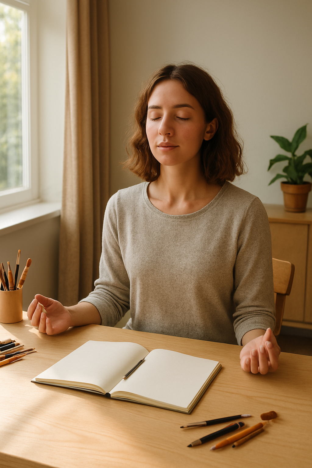 femme qui médite les yeux fermés sur son bureau. Un livre de notes ouvert devant elle avec des crayons de différentes couleurs.