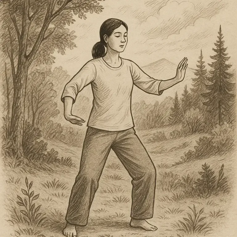 Dessin d'une femme en forêt, jambes légèrement écartées. Le bras gauche légèrement replié en haut et l'autre bras replié en bas