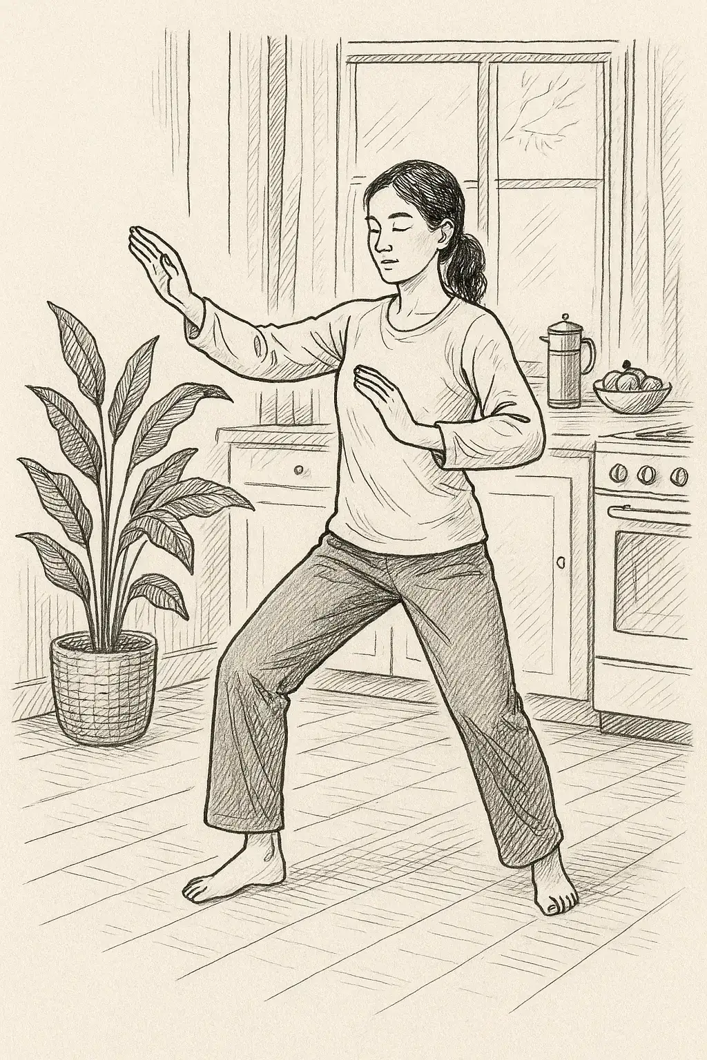 Dessin d'une femme, jambes légèrement écartées avec les 2 bras repliés en haut dans sa cuisine