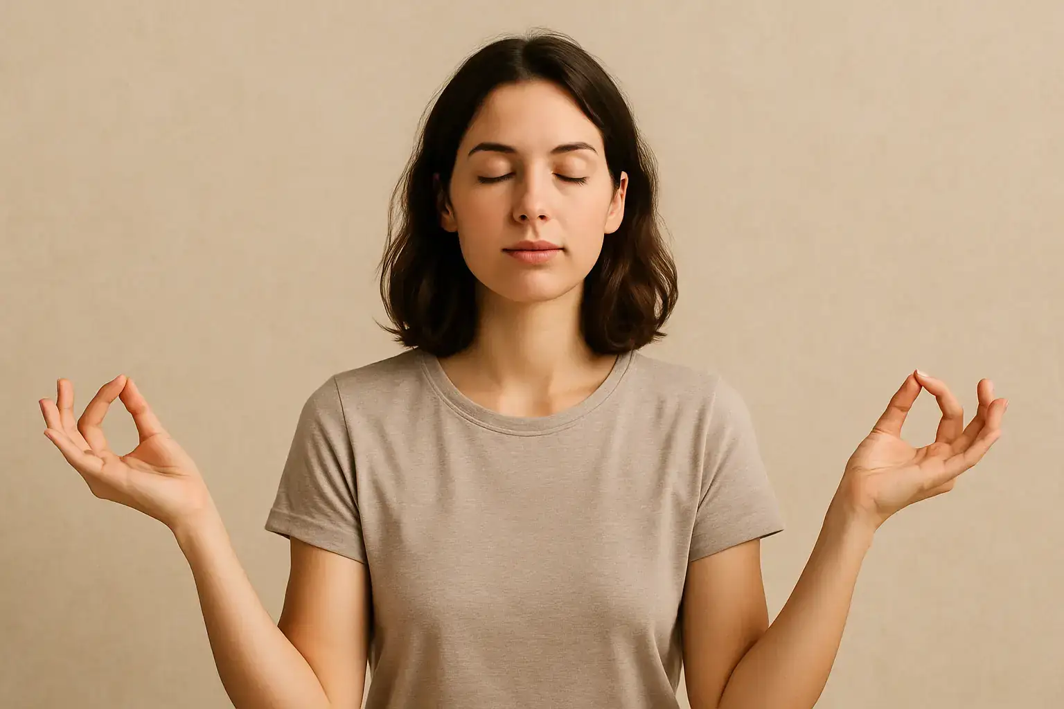 Femme en position de méditation, les yeux fermés avec les pouces sur l'index