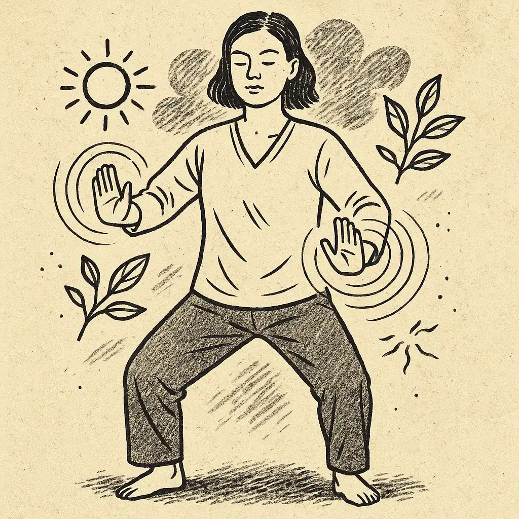 Dessin d'une personne jambes légèrement écartées les mains en avant avec des tourbillons