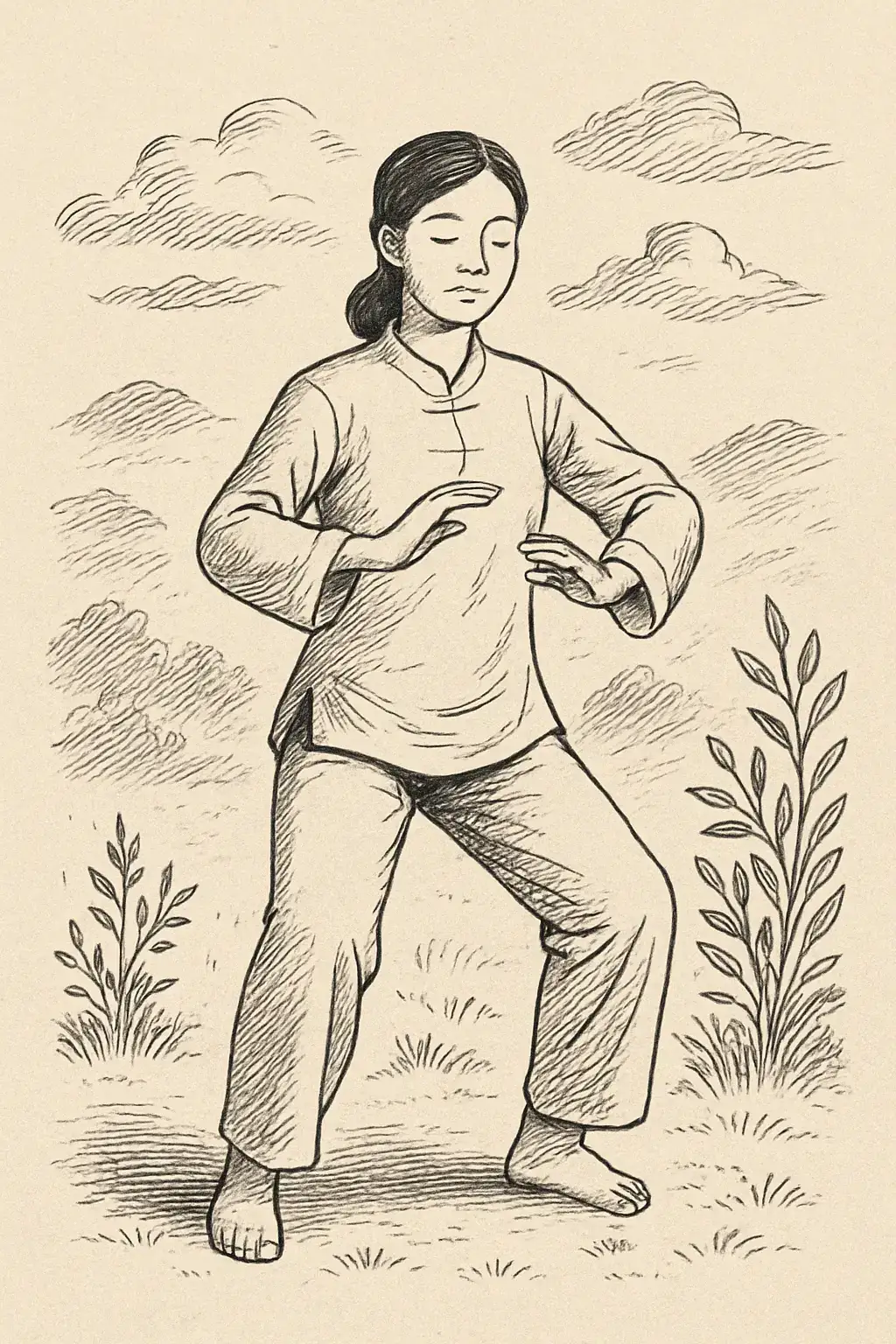 Dessin d'une personne, genoux légèrement pliés, les bras pliés