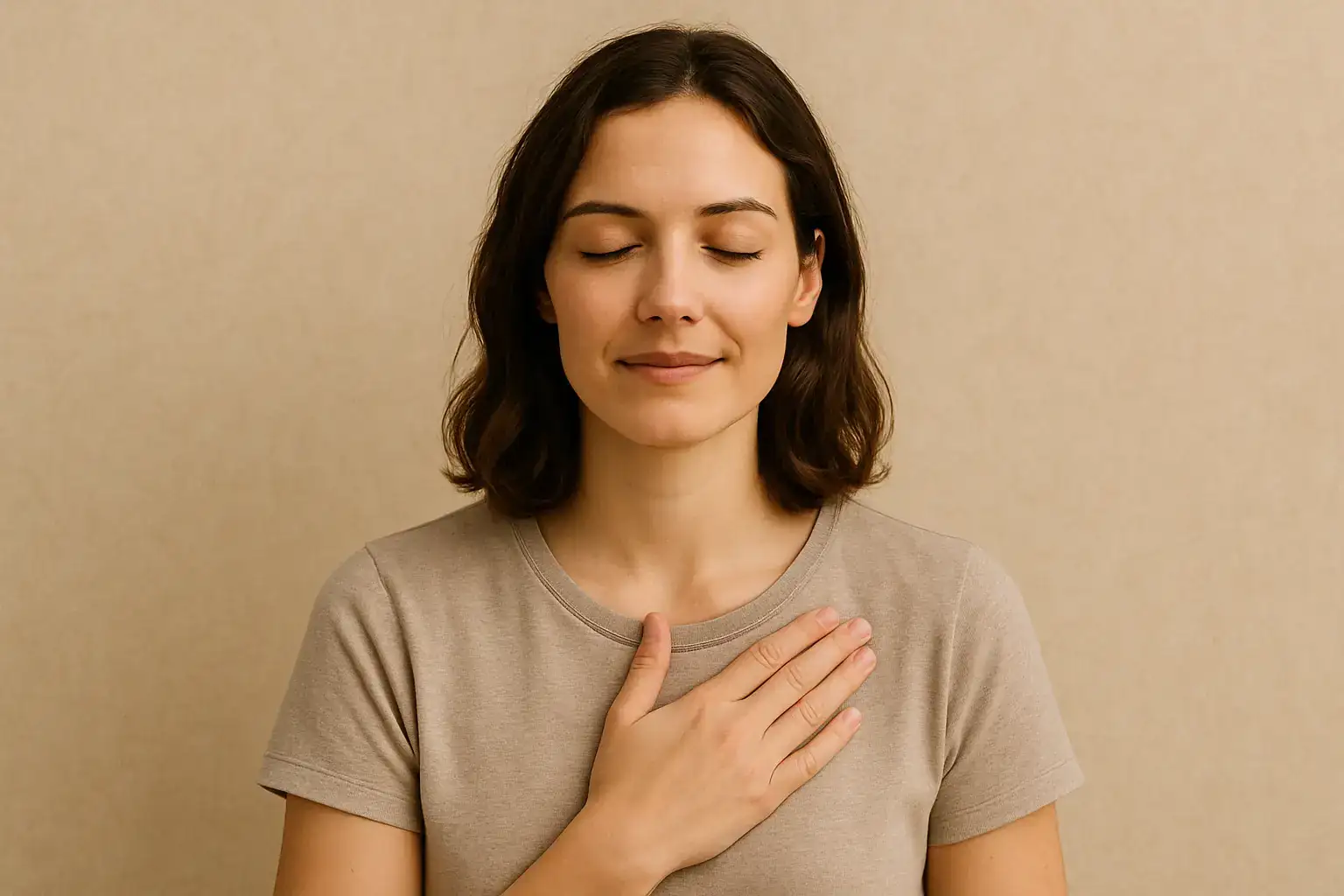 femme en position de méditation, les yeux fermés avec une main sur le cœur