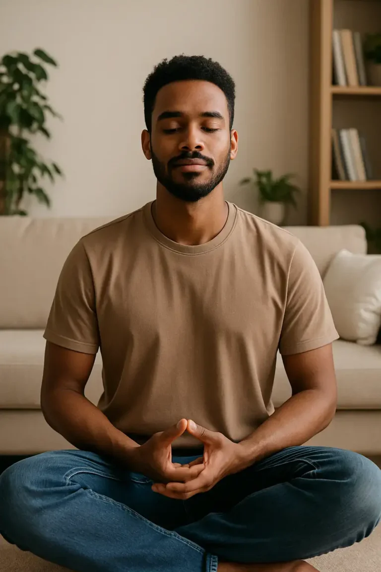 Homme assis en position de méditation, les yeux fermés, dans son salon. Les deux pouces se touchent