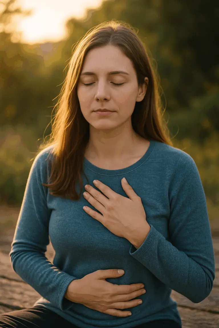 Femme en position de méditation, les yeux fermés. Une main sur le cœur et l'autre main sur le ventre