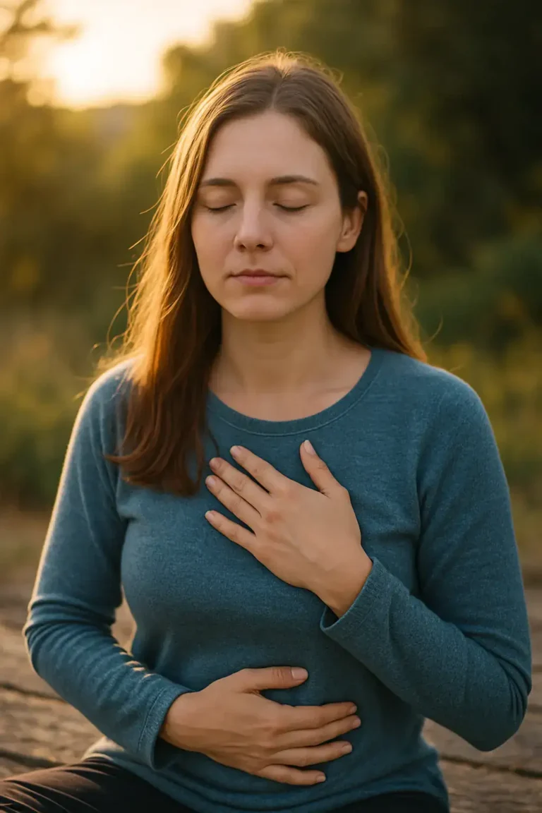 Femme en position de méditation, les yeux fermés. Une main sur le cœur et l'autre main sur le ventre