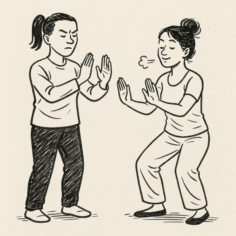 dessin de 2 personnes. Une a les mains paume sur paume un peu écartée, l'autre a les paumes devant elle