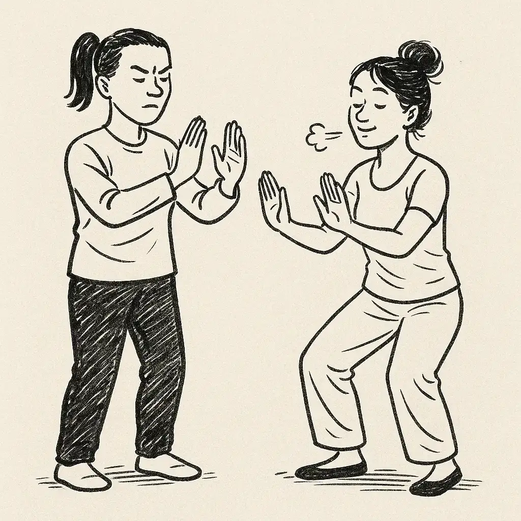 dessin de 2 personnes. Une a les mains paume sur paume un peu écartée, l'autre a les paumes devant elle