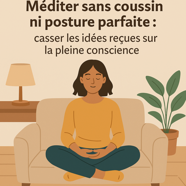 dessin d'une femme assise en position de méditation, les yeux fermés sur un fauteuil. Une lampe de chevet à gauche et une plante à droite