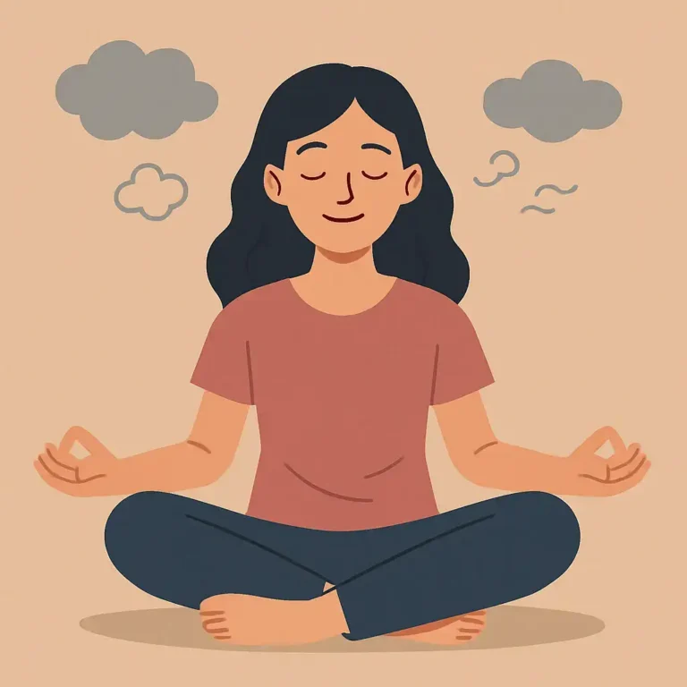 Dessin d'une femme en position de méditation, les yeux fermés. Les pouces rejoignent les index. Des nuages sont au-dessus d'elle.