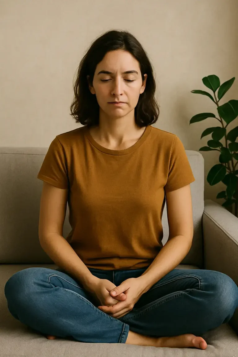 Femme en position de méditation, les yeux fermés sur son canapé