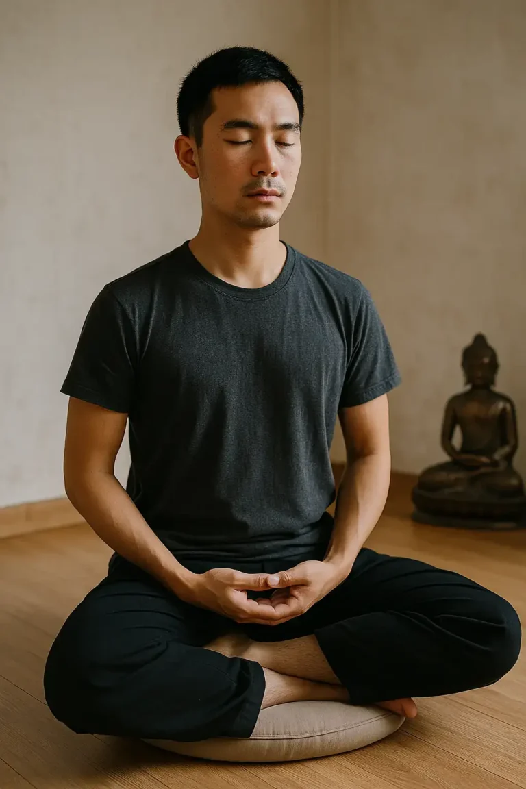 Homme assis en méditation sur un coussin, les yeux fermés avec une statue de bouddha derrière lui