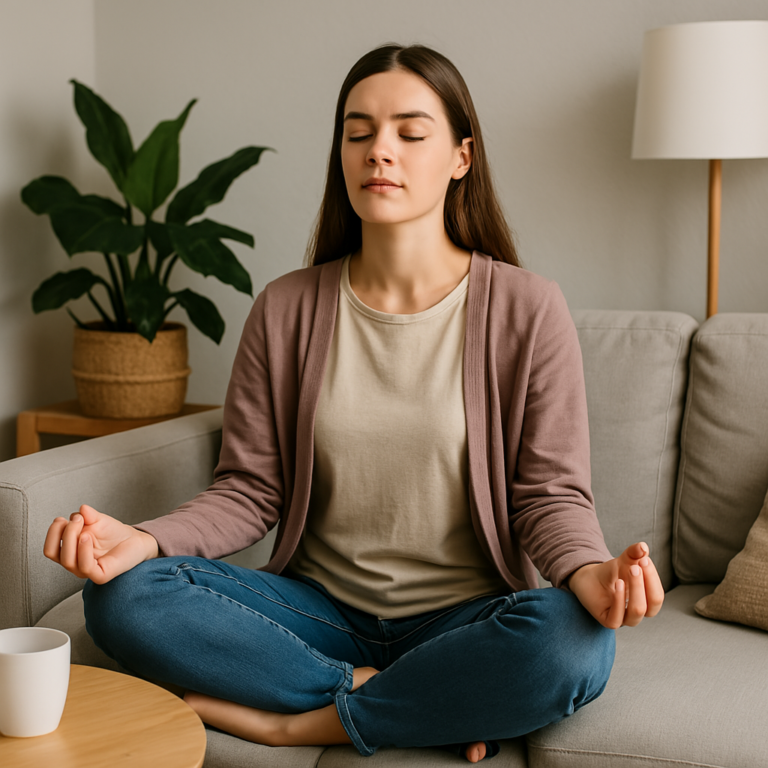 femme assise en position de méditation les yeux fermés sur un canapé