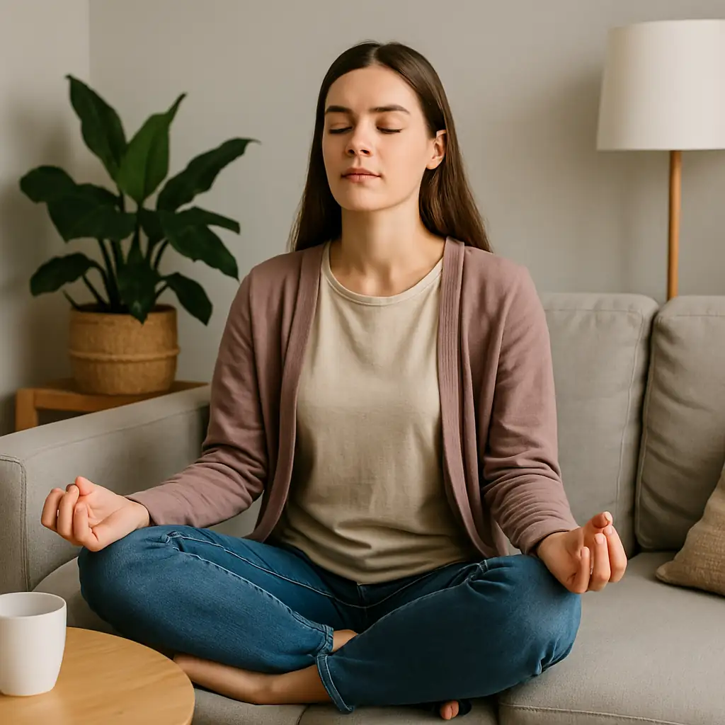 femme assise en position de méditation les yeux fermés sur un canapé