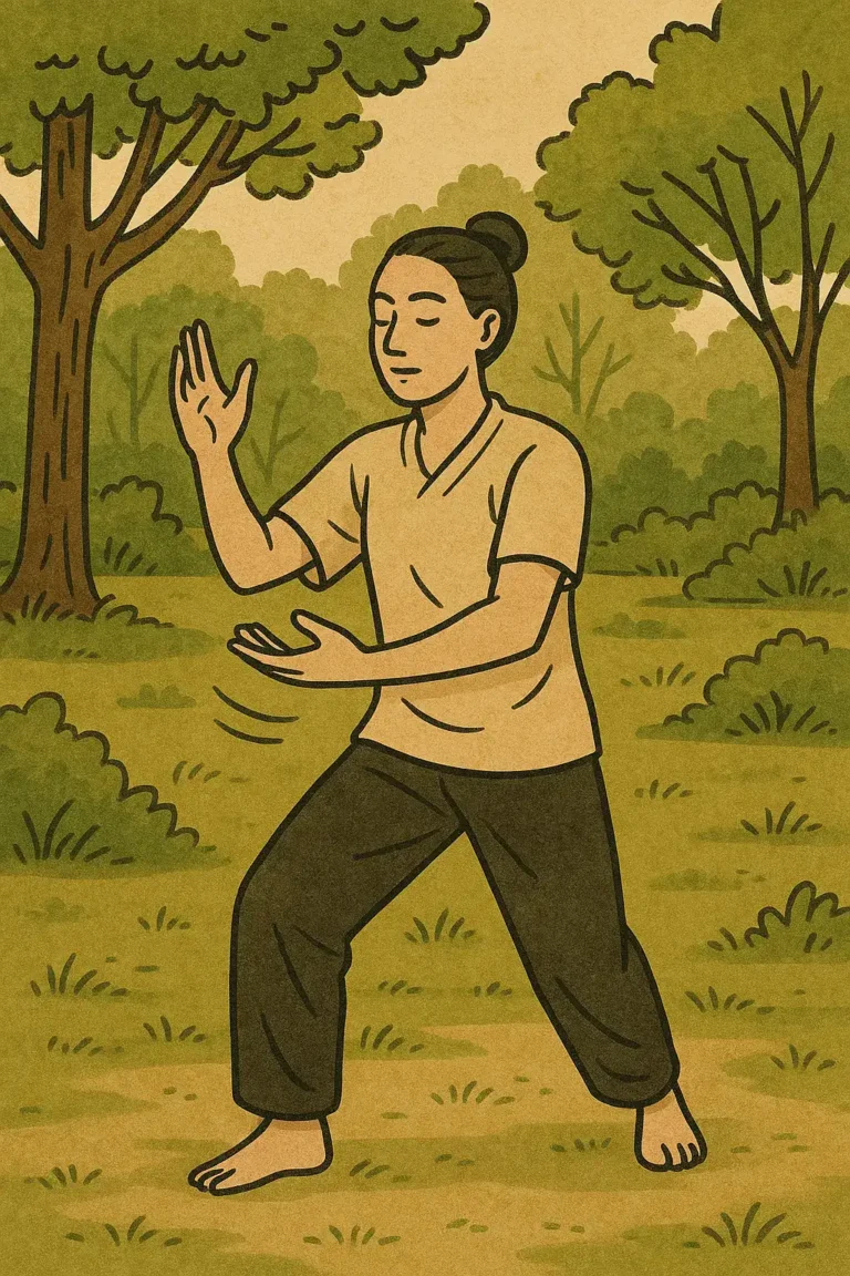 dessin d'une personne dans la forêt, jambe droite en avant et l'autre en arrière. Bras gauche replié en haut et l'autre au dessus du ventre