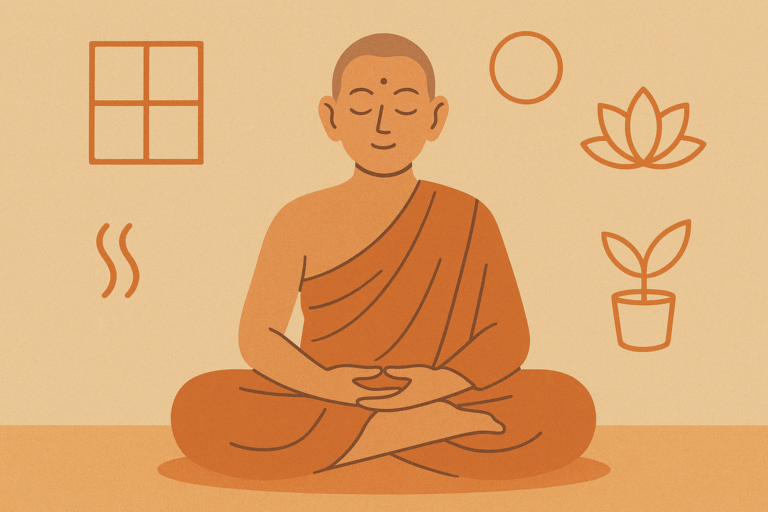 Dessin d'un moine bouddhiste assis en tailleur.