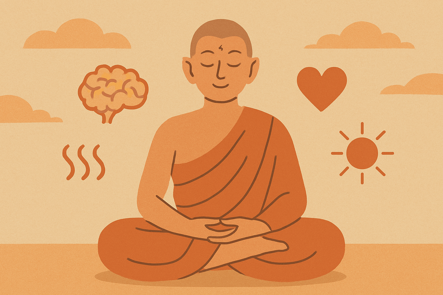 Dessin d'un moine bouddhiste en position de lotus. a sa droite des nuages et à sa gauche un soleil et un cœur