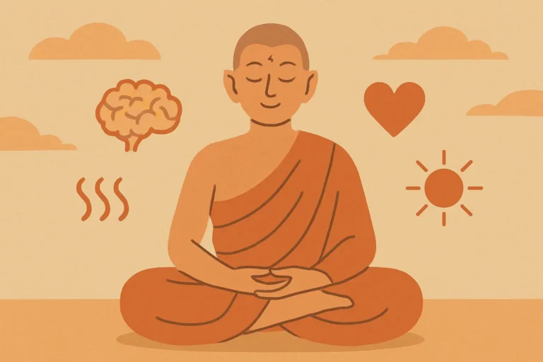 Dessin d'un moine bouddhiste en position de lotus. a sa droite des nuages et à sa gauche un soleil et un cœur