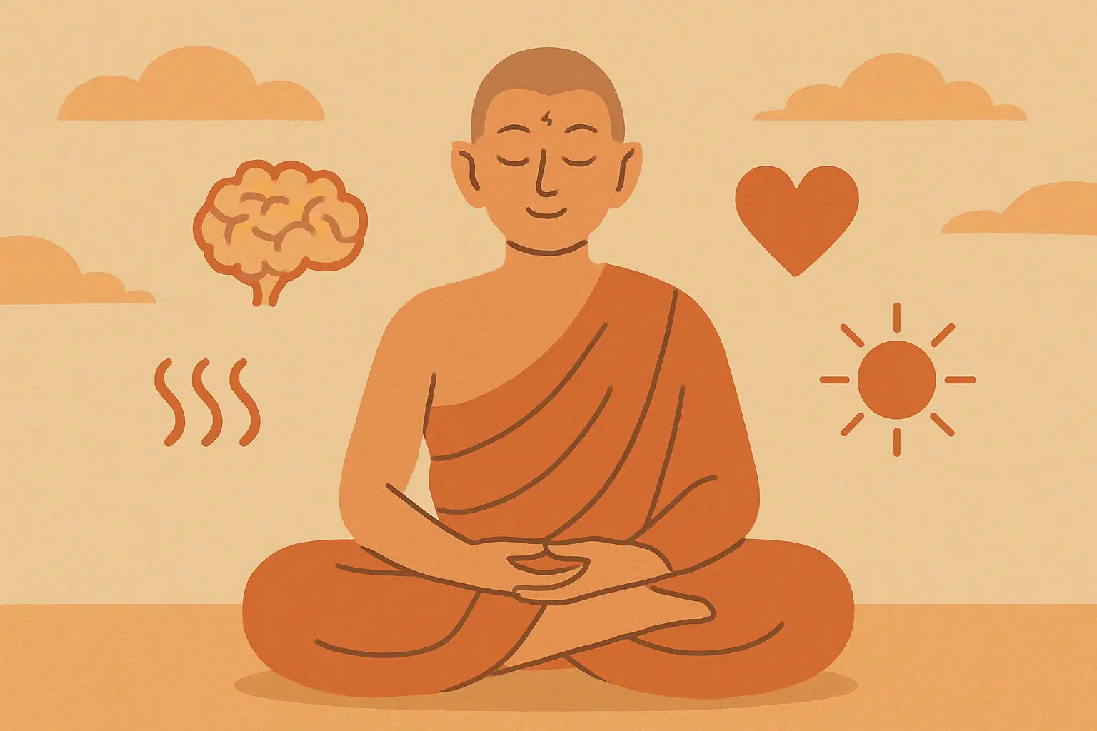 Dessin d'un moine bouddhiste en position de lotus. a sa droite des nuages et à sa gauche un soleil et un cœur