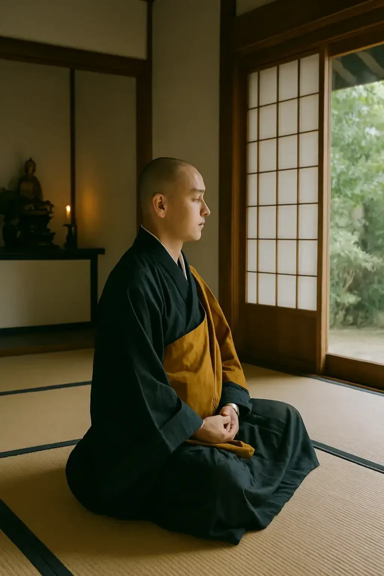 Moine assis en méditation dans un temple zen