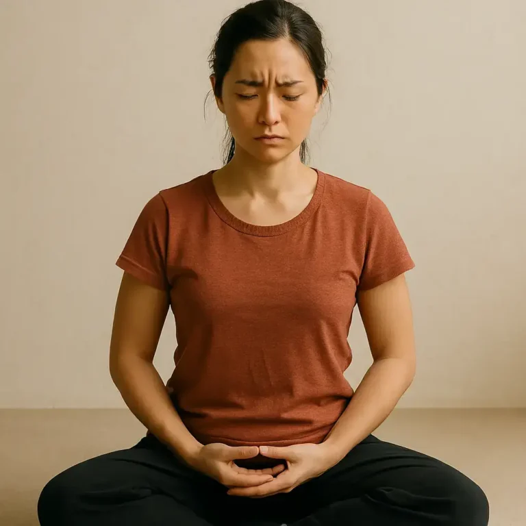 femme en position de méditation, les yeux fermés avec les sourcils froncés