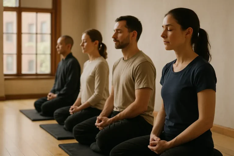 Quatre personnes assises en position de méditation chacun sur un tapis dans une salle