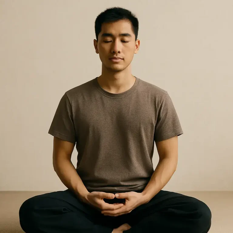 Homme en position de méditation, les yeux fermés avec les mains en mudra