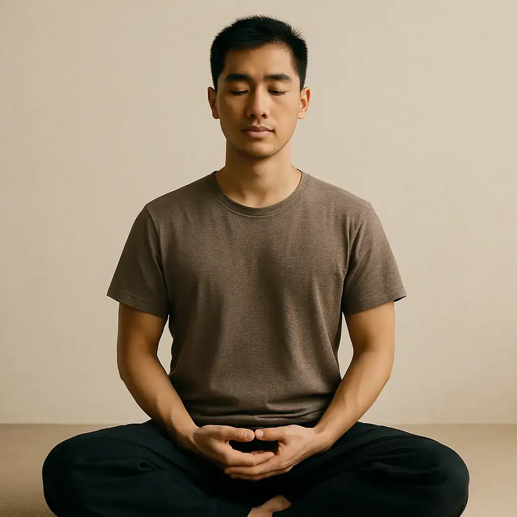 Homme en position de méditation, les yeux fermés avec les mains en mudra