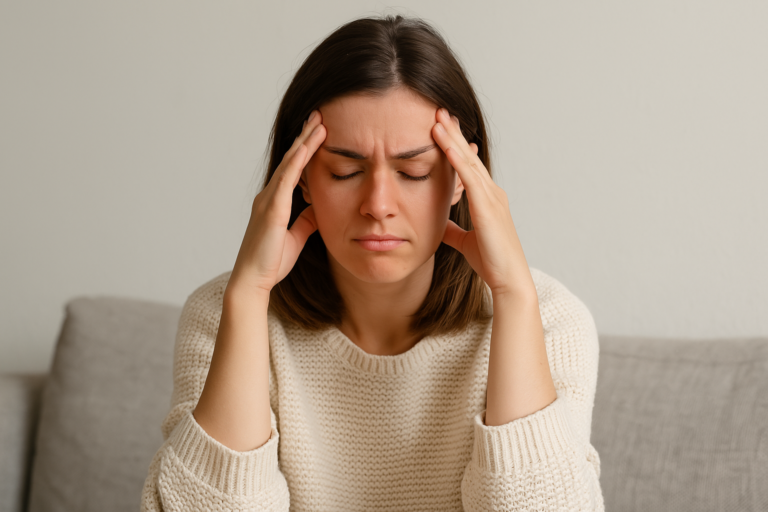 Femme qui met la tête entre ses 2 mains, les yeux fermés et froncement des sourcils