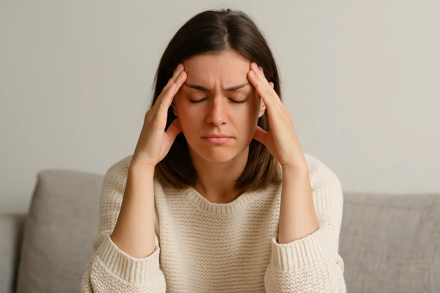 Femme qui met la tête entre ses 2 mains, les yeux fermés et froncement des sourcils