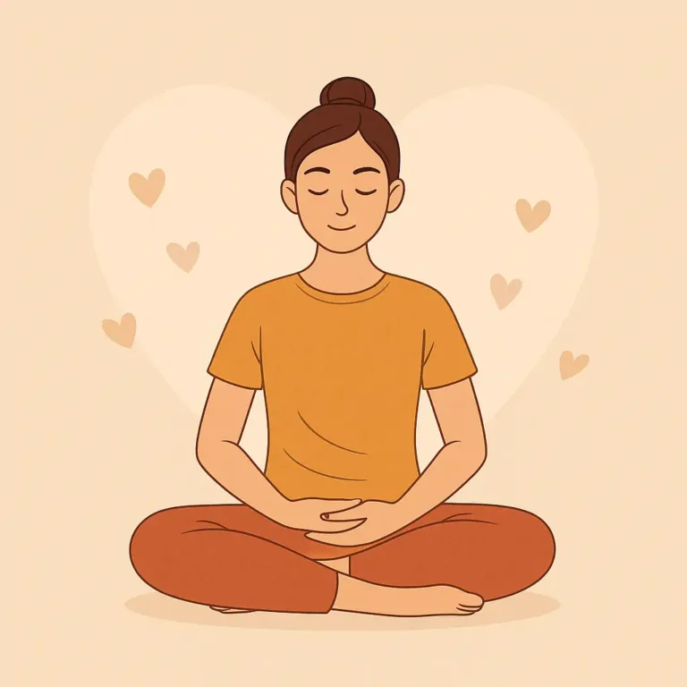 Dessin d'une personne assise en tailleur. Les mains en giron avec des cœurs autour d'elle