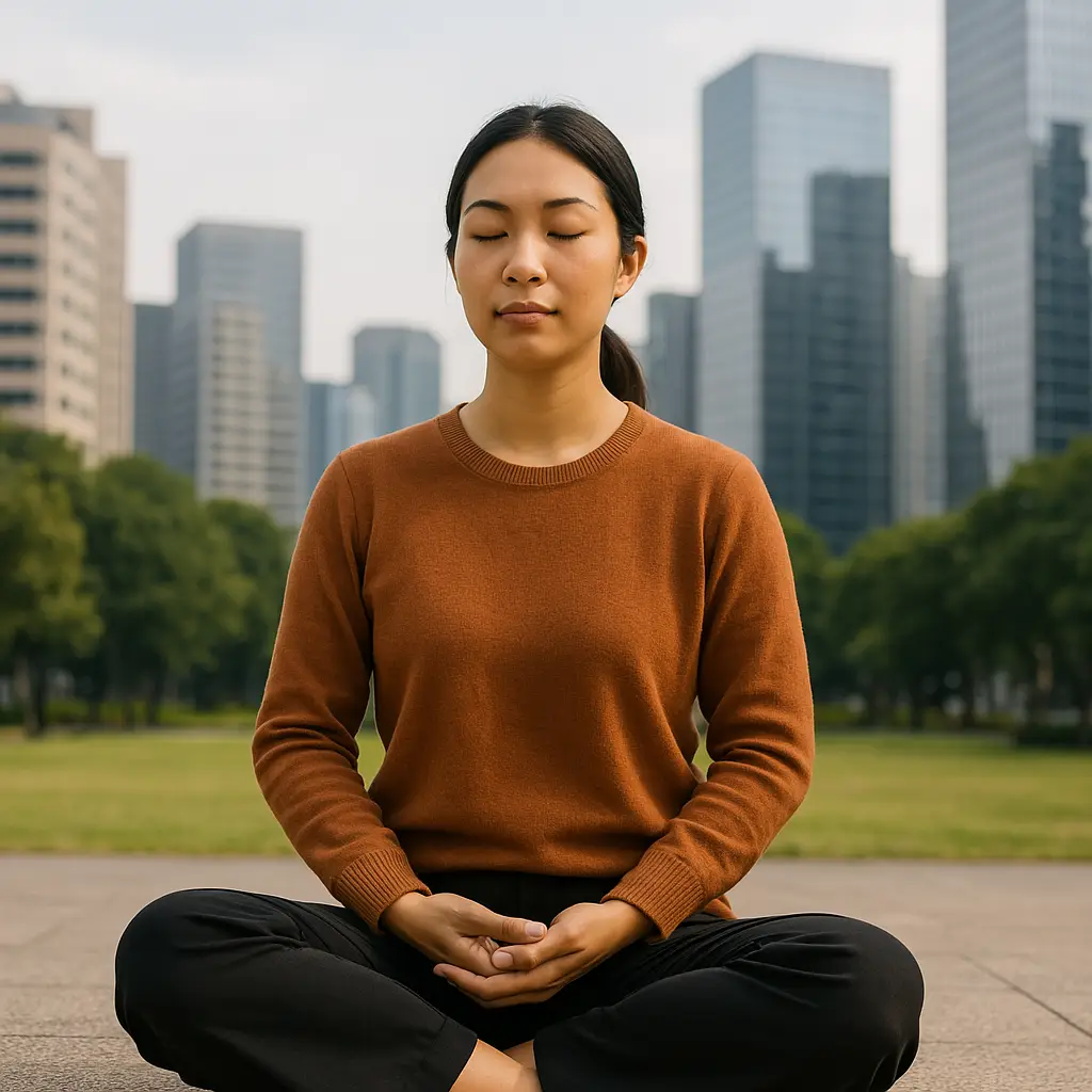 Femme assise en tailleur, derrière elle des gratte-ciels