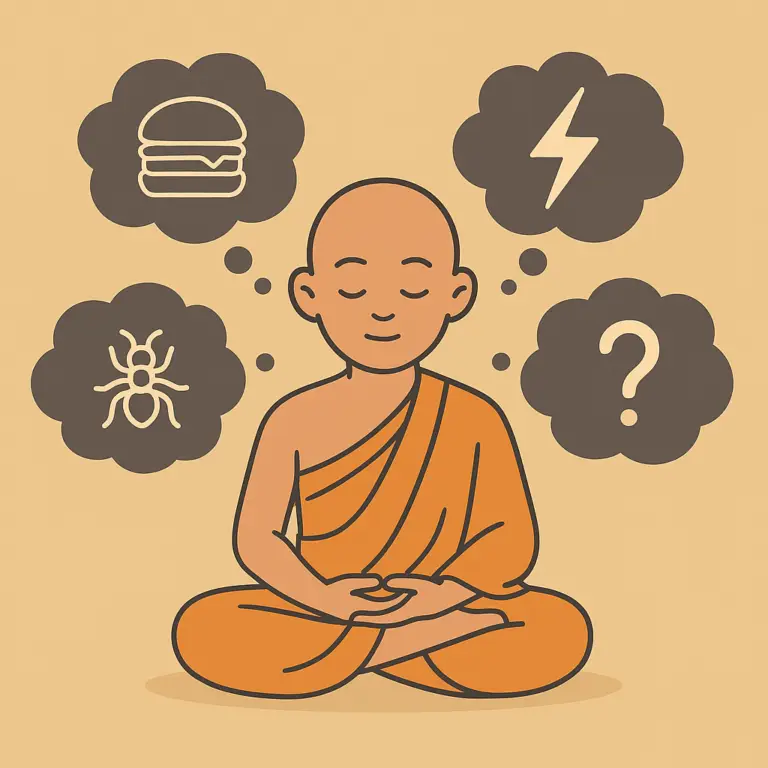 dessin de moine assis en tailleur, les mains en giron avec des bulles interrogations autour de lui