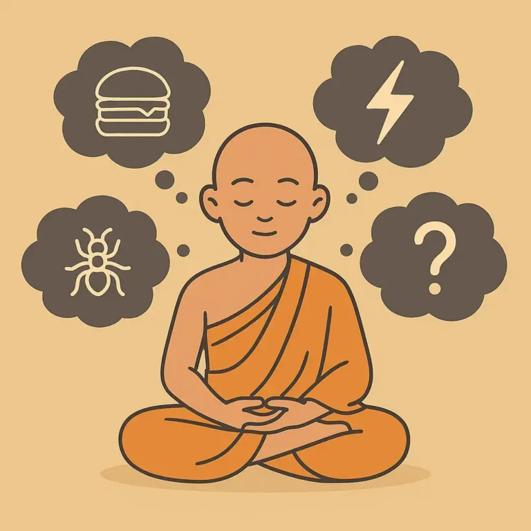 dessin de moine assis en tailleur, les mains en giron avec des bulles interrogations autour de lui