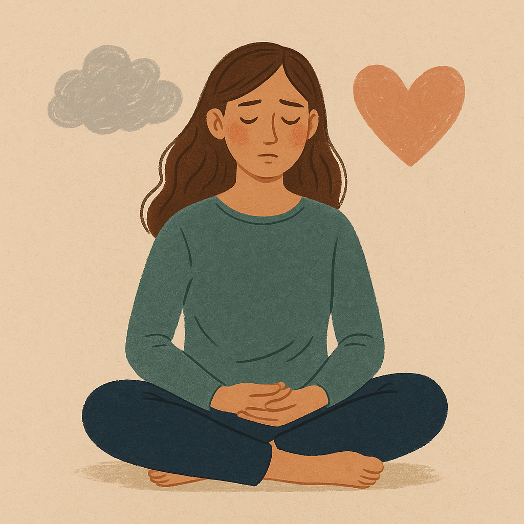 dessin d'une femme en position de méditation, les yeux fermés. Entourée d'un nuage à gauche et d'un cœur à droite