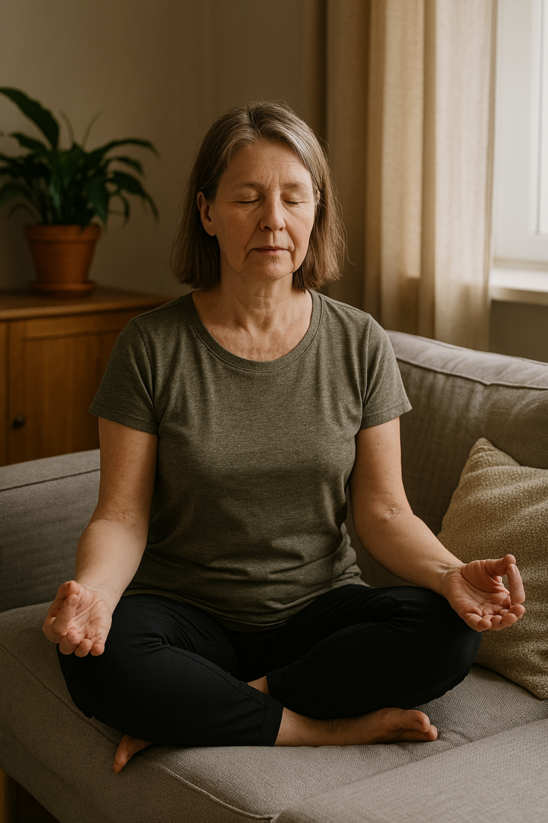 Dame âgée assise sur son canapé en position de méditation, les yeux fermés