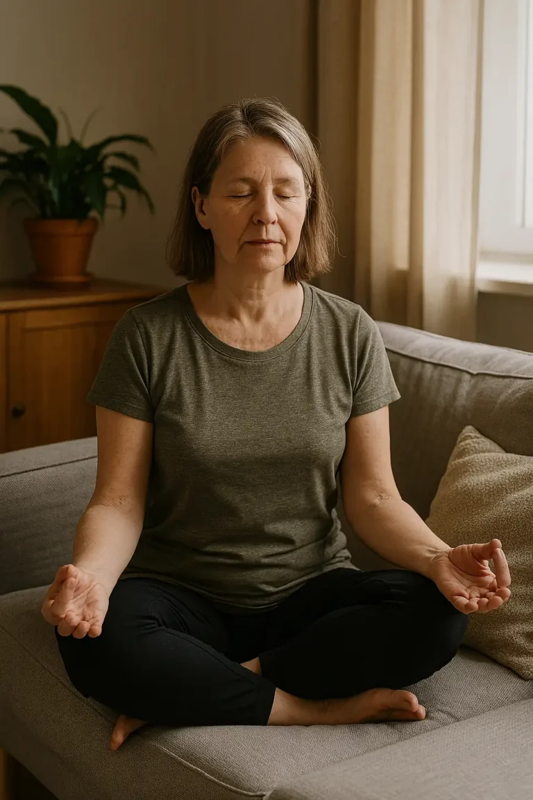 Dame âgée assise sur son canapé en position de méditation, les yeux fermés