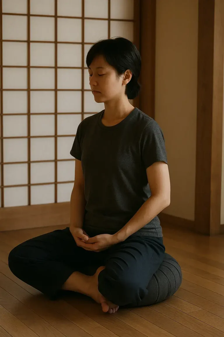 Homme en position de lotus, les yeux fermés sur un coussin