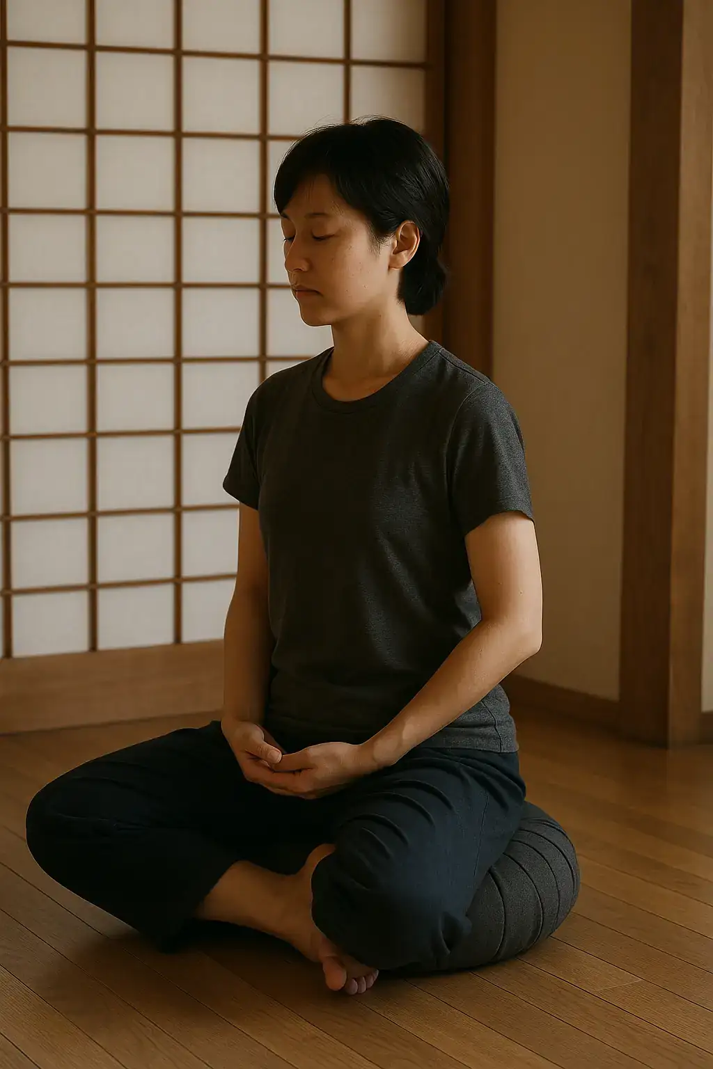 Homme en position de lotus, les yeux fermés sur un coussin