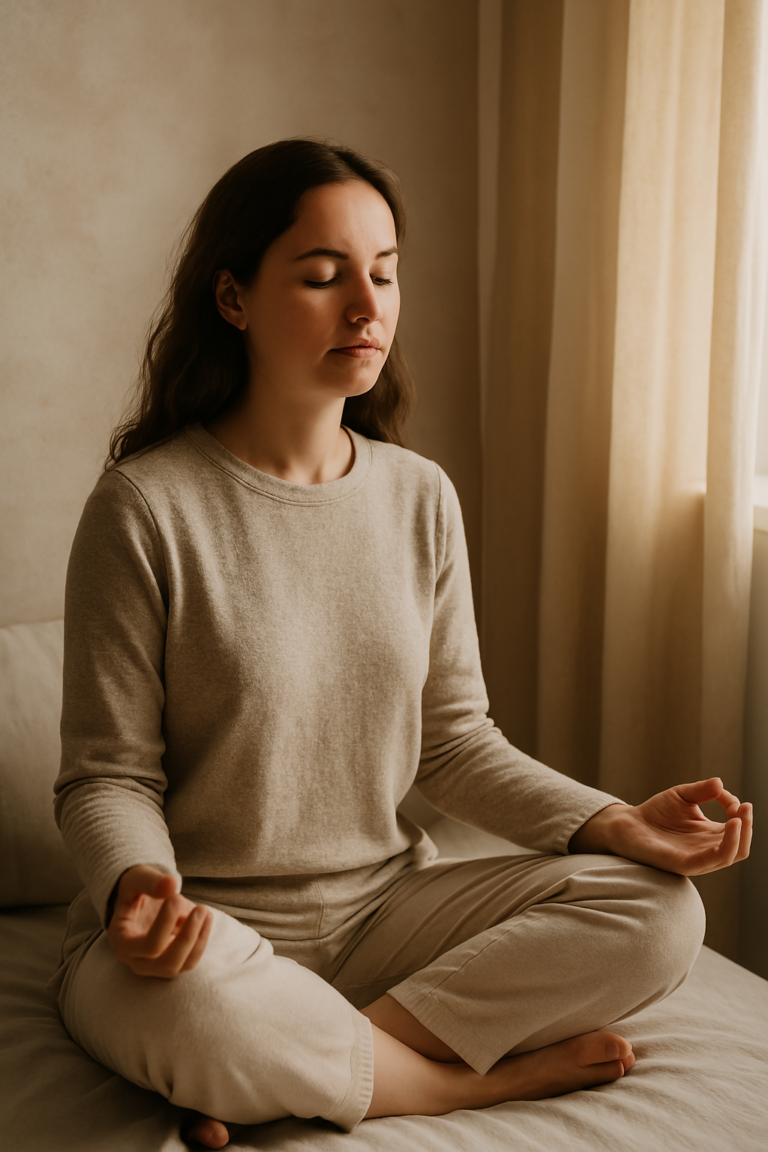 Femme en position de méditation les yeux fermés sur son lit