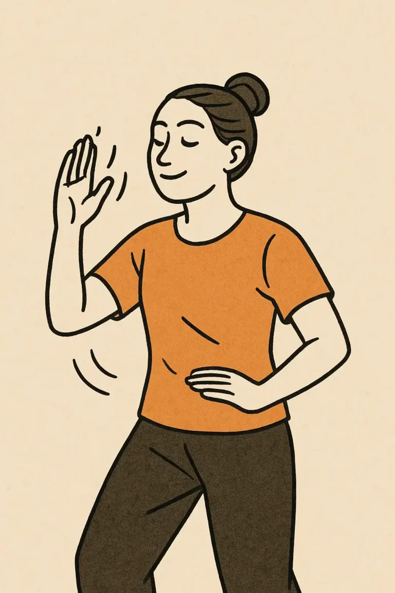 Dessin d'une femme le bras gauche replié en haut et le bras droit replié en bas