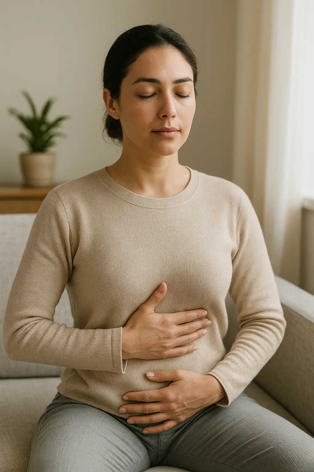 Femme assise sur un canapé les yeux fermés, 2 mains posées sur le ventre
