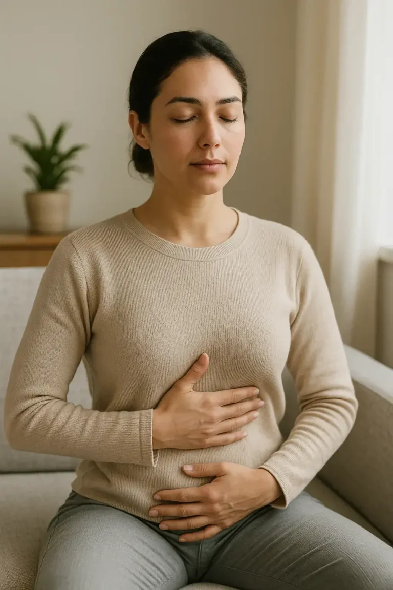 Femme assise sur un canapé les yeux fermés, 2 mains posées sur le ventre
