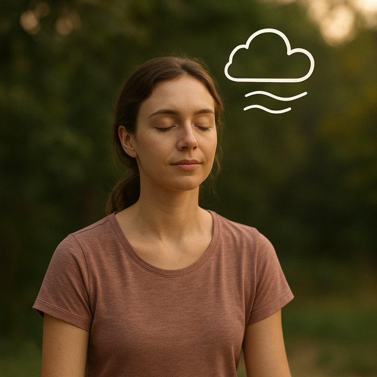 Femme en position de méditation, les yeux fermés avec des bulles de nuages