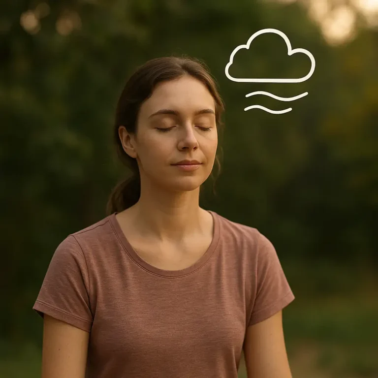 Femme en position de méditation, les yeux fermés avec des bulles de nuages