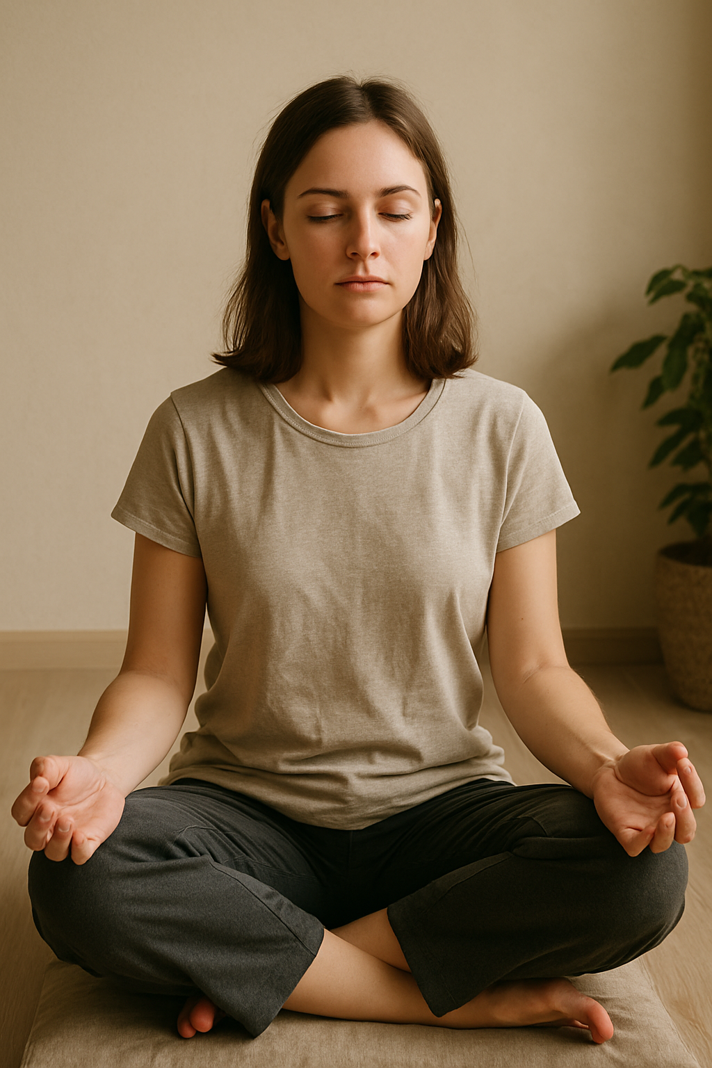 Femme en position de méditation. les yeux fermés sur un zafu